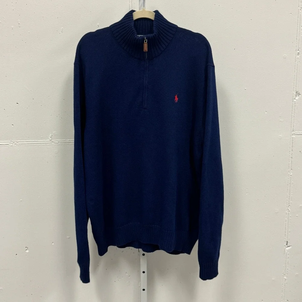 Vintage Polo Ralph Lauren Men's‎ Quarter Zip Sweater XL Navy Blue Red Pony RL